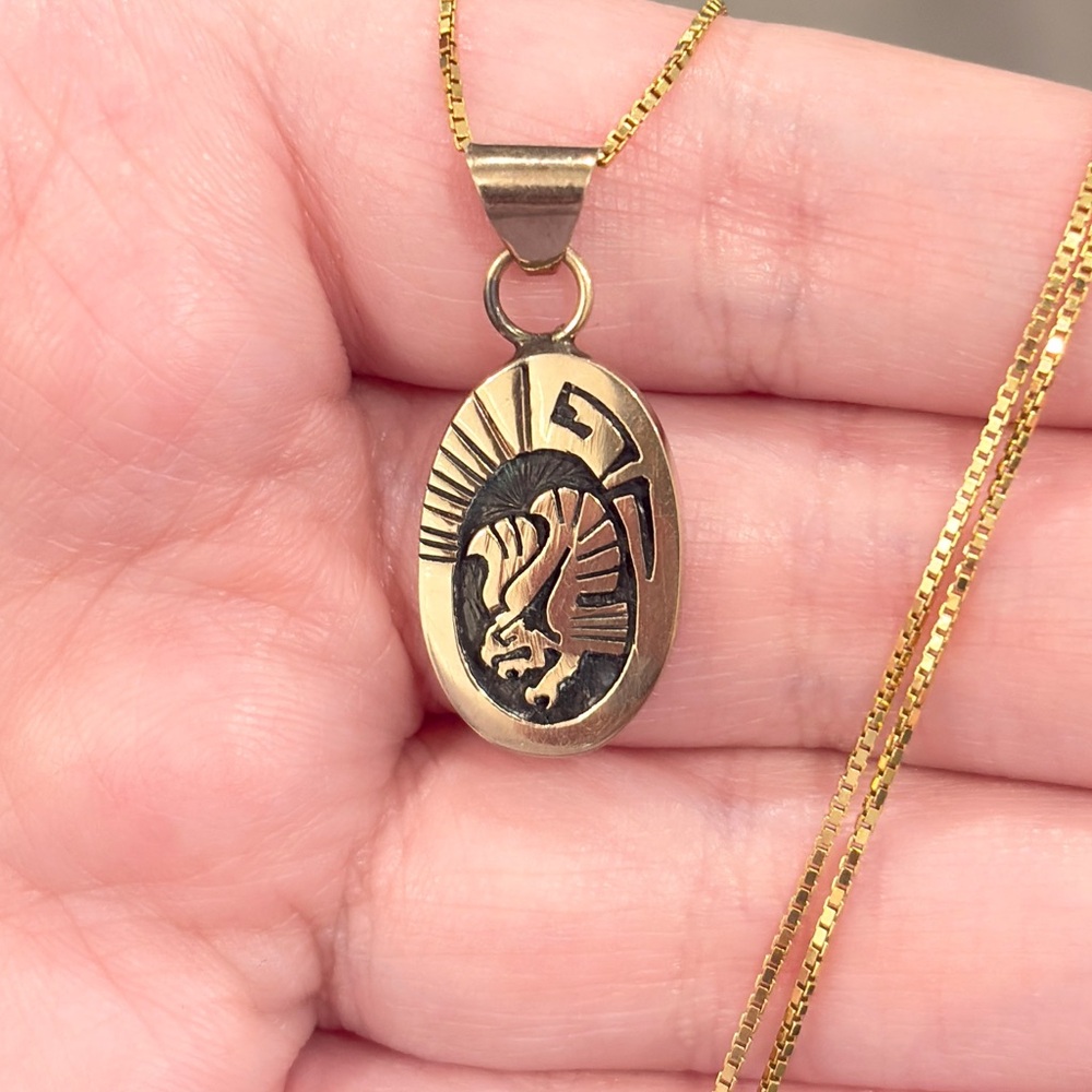 Vintage Native Eagle Sterling 14K Pendant, Navajo Aztec Style Piece - Picture 3 of 16